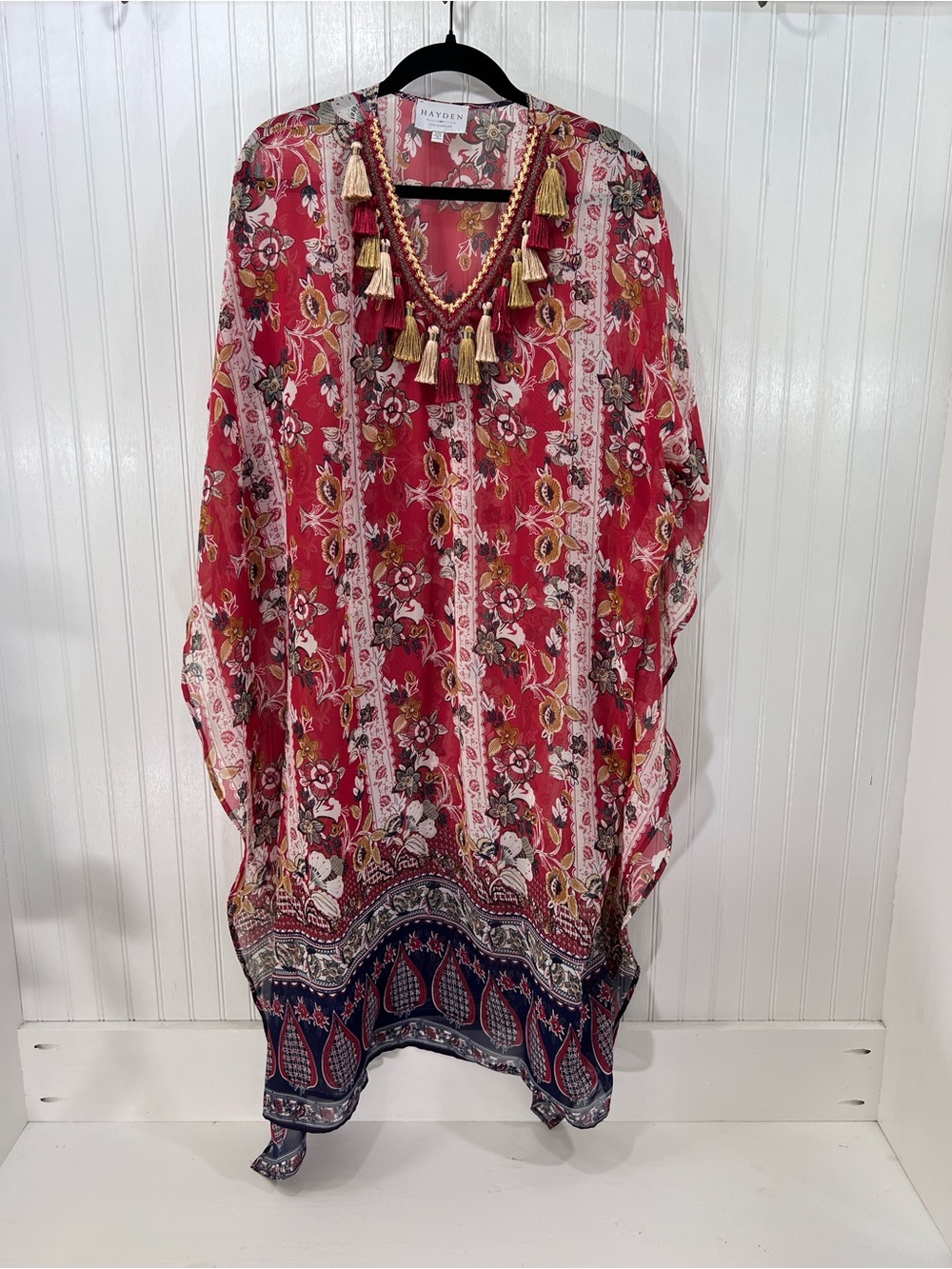 Hayden Los Angeles Sheer Floral Tassel V-Neck Kaftan Coverup Oversized S/M